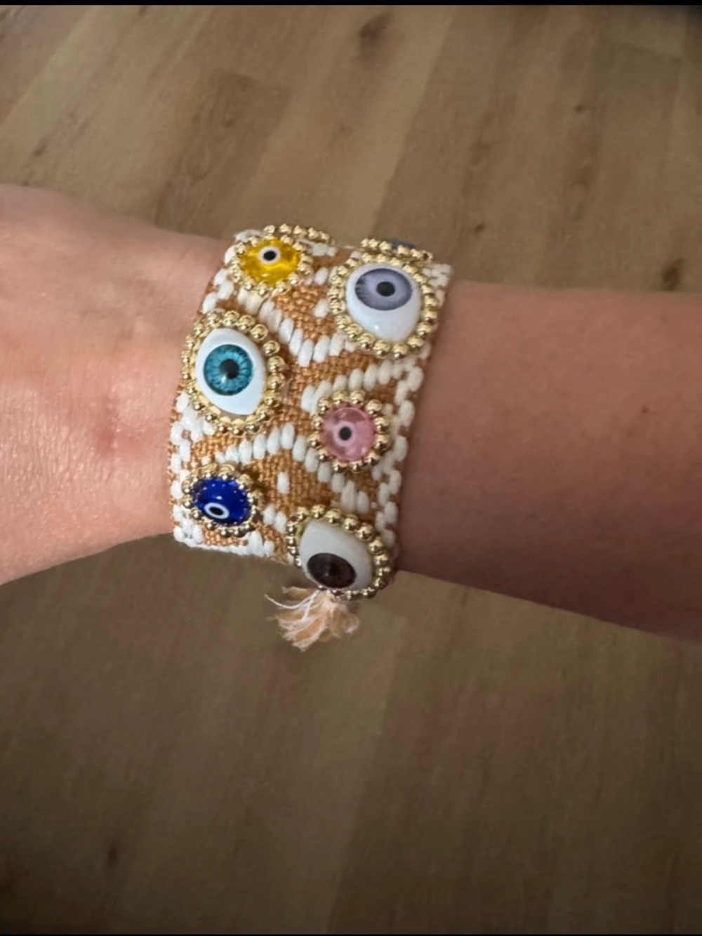 Handmade White & Gold Evil Eye Beaded Bracelet